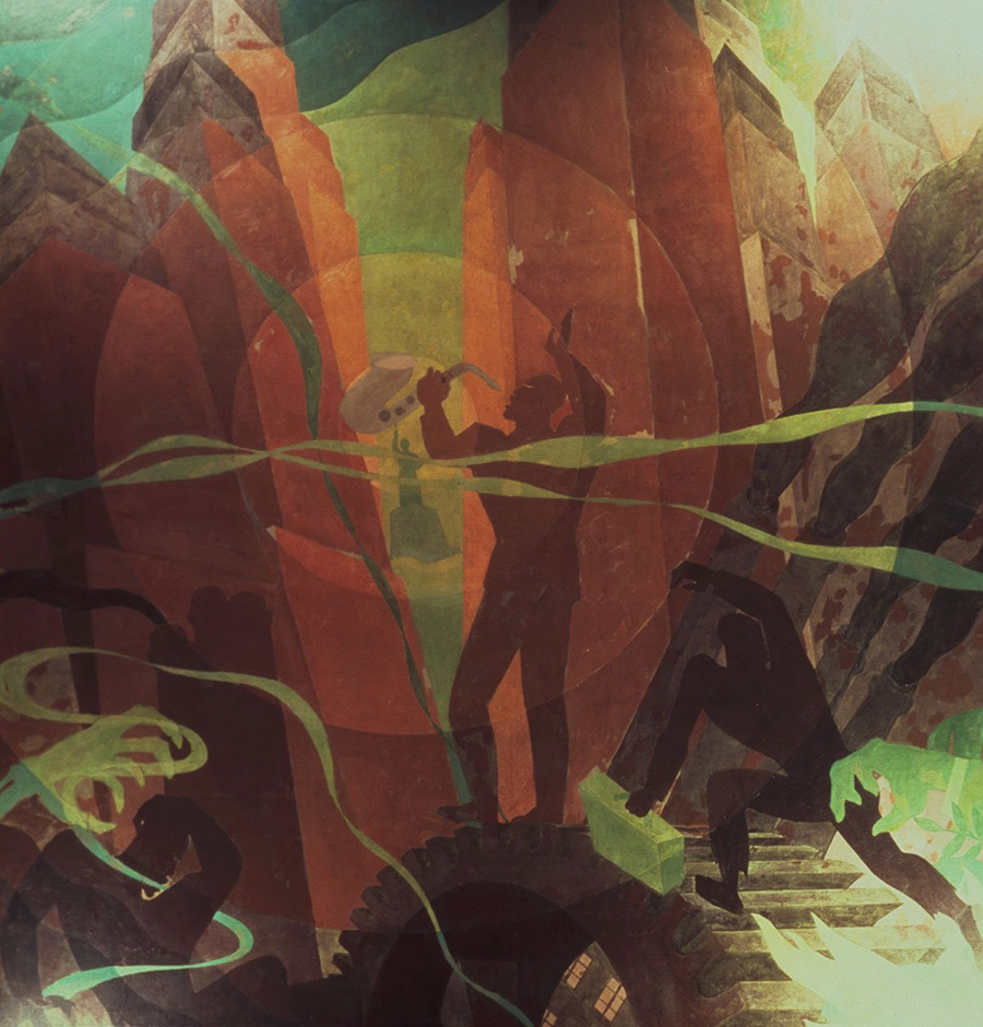 <p>This piece shows contemporary New York City as Black migrants from the South are coming there. The scene is meant to be optimistic as it shows the opportunity that they were supposed to find in NYC, the Statue of Liberty herself is shown as a symbol of the city for the Black figures to go towards. Meanwhile, behind the migrants are green ghostly hands that try to cling onto the figures as they walk towards the city, conveying the continued racism and oppression they faced. </p>