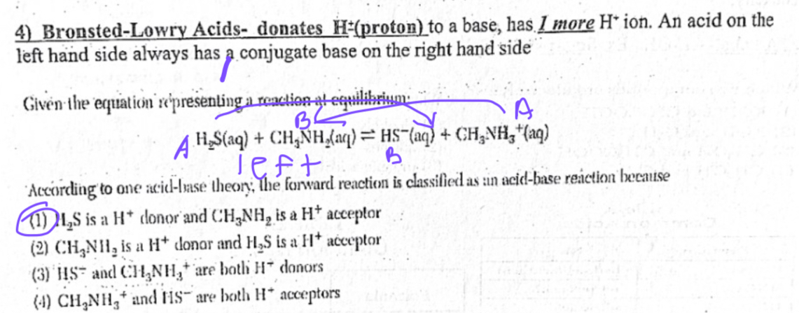 <p>Donate H+(Proton) To a base, has one more H+ Ion. An acid on the left-hand side always has a conjugate base on the right hand side</p>