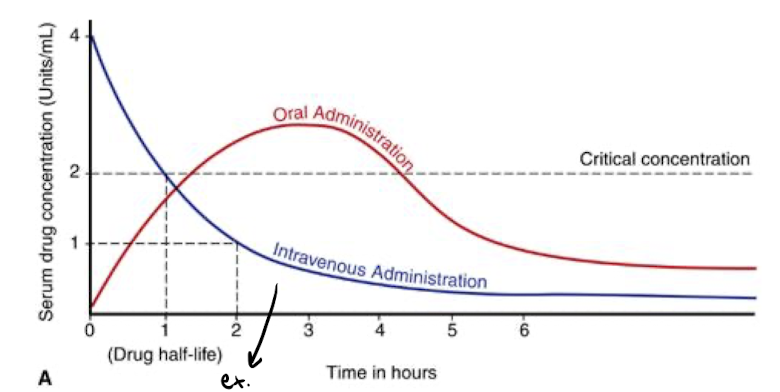 <p>"The time it takes for the max concentration of drug in the plasma to decrease to 1/2 the peak level</p>