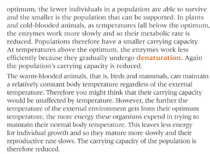 <ul><li><p>Temperature: Each species has a different optimum temperature at which it is best able to survive.</p></li></ul><p></p>