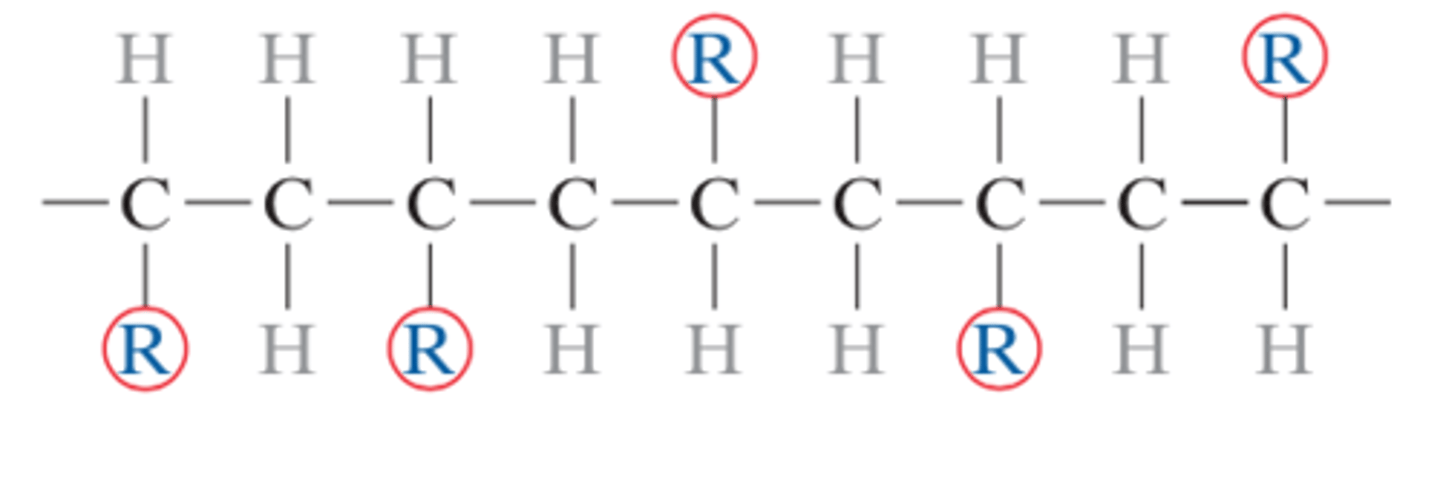 <p>a type of polymer chain configuration (stereoisomer) wherein side groups are randomly positioned on one side of the chain or the other</p>