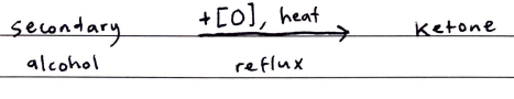 <ul><li><p>The oxidation of secondary alcohols is a one-step process that produces a KETONE</p></li><li><p>After the ketone is produced, no further oxidation is possible as there are no more H-atoms attached to the ol-carbon</p><p></p></li><li><p>Bi-product: water</p></li></ul>