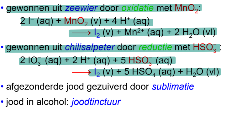 <ul><li><p>uit zeewier door oxidatie met MnO2</p></li><li><p>uit chilisalpeter door reductie met HSO3</p></li></ul>