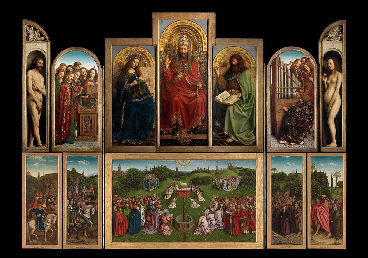 <p>One of the most celebrated polyptych masterpieces in Flemish art. When closed it depicts the annunciation of Mary on the top and the Mayor of Ghent kneeling in front of the sculptures of John the Baptist in the lower register. When opened it depicts God in the center with the Virgin and John flanking on either side. The entire piece's theme is redemption and to be saved. The use of oil painting was able to give more realism and more detail in general. </p>