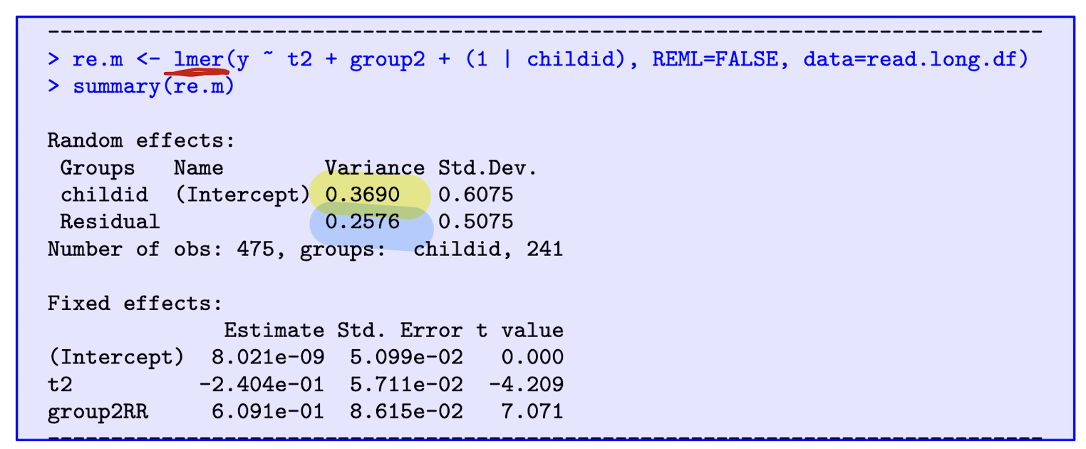 <p>The effect of RR estimated as 0.609, so reading recovery associated with expected increase in reading score by 0.609 points.</p><p>-</p><p>$$\hat{\rho} = \frac{0.3690}{0.3690 + 0.2576} = 0.59$$&nbsp;</p>