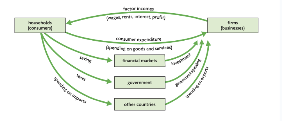 <ul><li><p>Leakages: Some money leave the economy</p><ul><li><p>Governments take money in the form of <strong>taxes</strong></p></li><li><p>Consumers <strong>save </strong></p></li><li><p>Households and businesses spend money on <strong>imports</strong></p></li></ul></li><li><p>Injections: money enters the economy</p><ul><li><p>Governments <strong>spend</strong> on public services and infrastructure</p></li><li><p>Financial sector <strong>invests</strong> money in firms </p></li><li><p>Foreign households <strong>purchase </strong>exports</p></li></ul></li></ul><p></p>