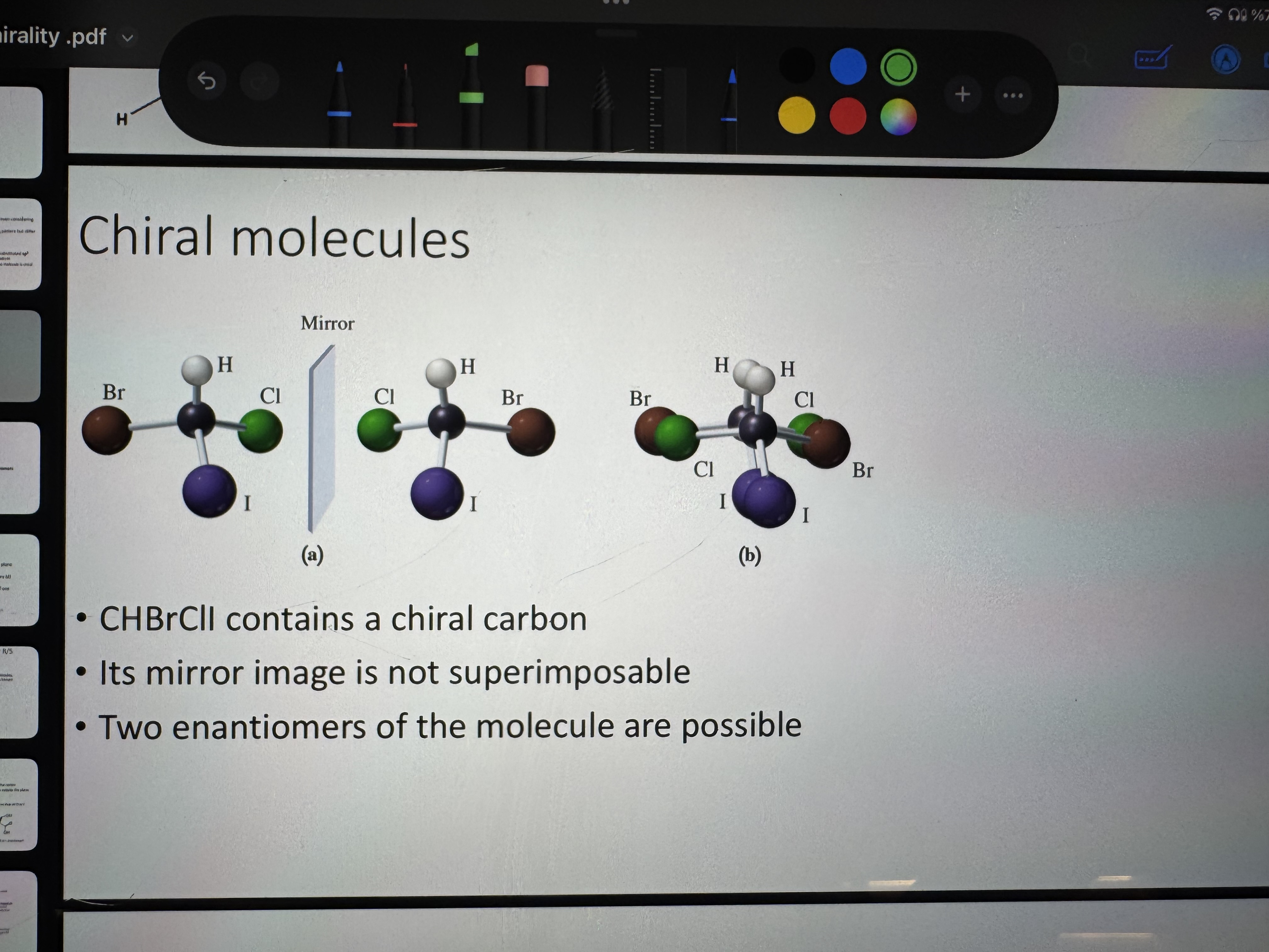 <p>optical isomer meaning two molecular entities that are mirror images pf each other but not super imposable</p>