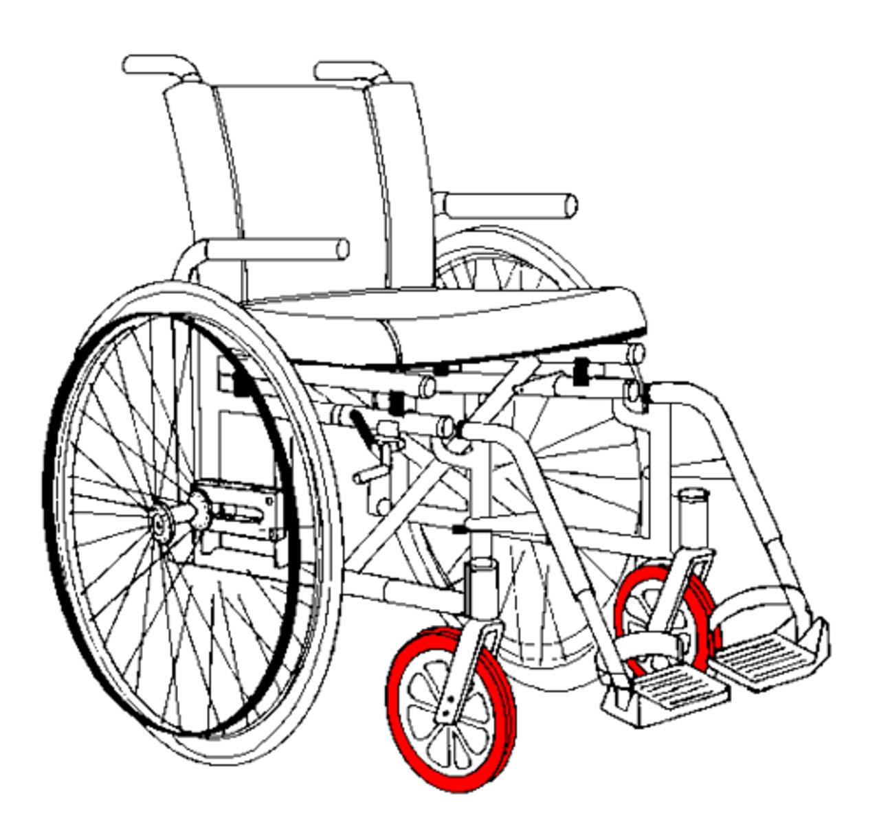 <p>tiny wheel at the front or back of the wheelchair</p>