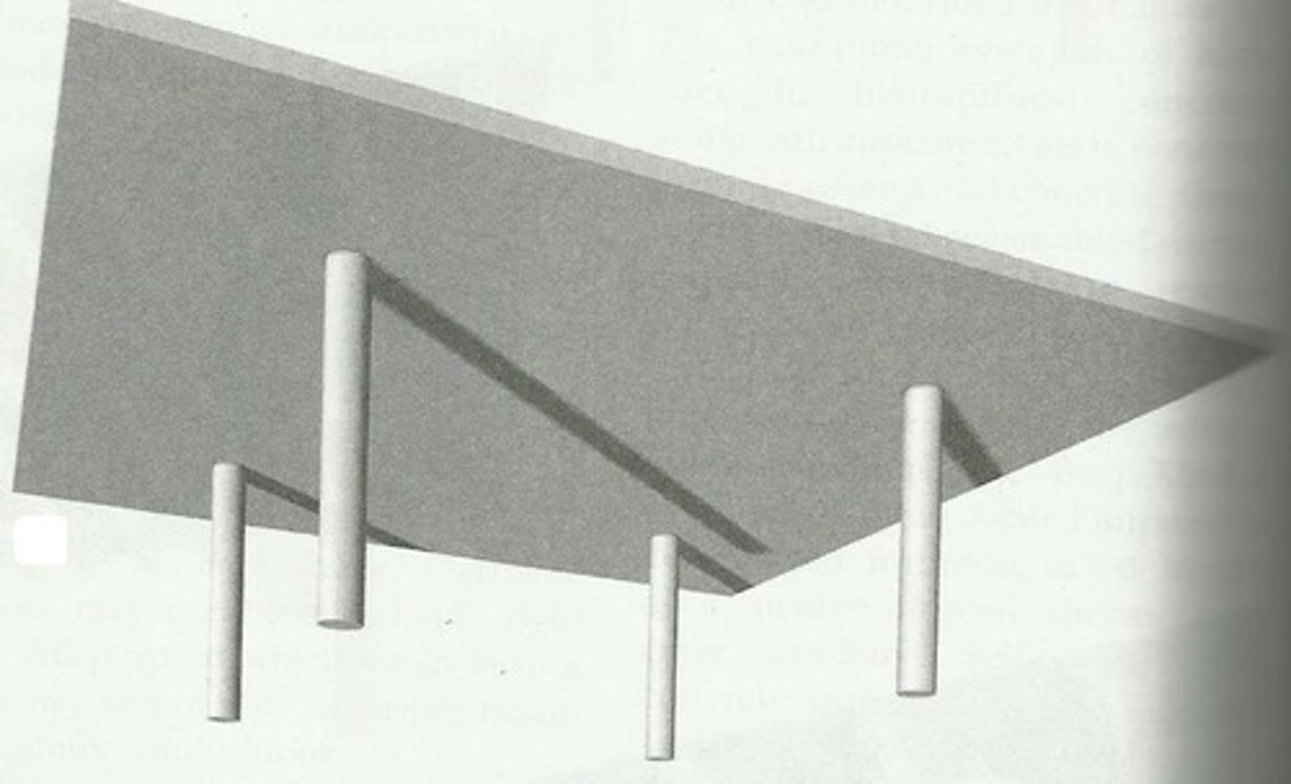 <p>a concrete slab of uniform thickness reinforced in two or more directions and supported directly by columns without beams or girders</p>