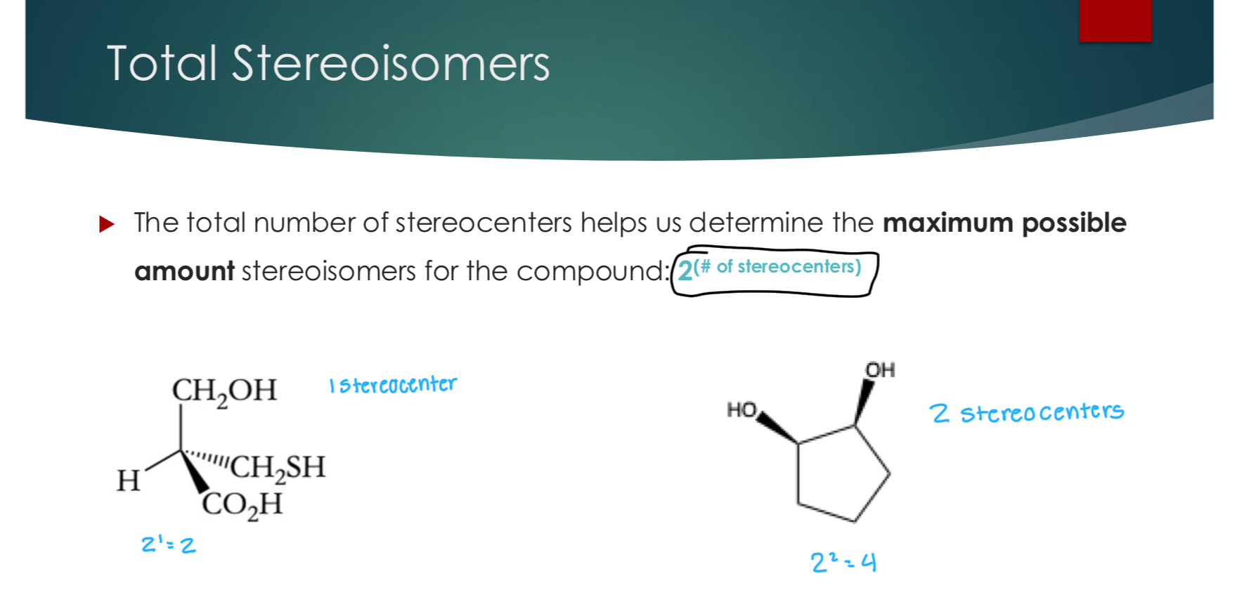 <p>Stereoisomers that are non-superimposable mirror images of each other (perfectly opposite)</p><p>Every chiral will have exactly 1 enantiomer </p><p><strong>All chiral centers have the opposite absolute configuration (R/S)</strong></p><p> Special property of enantiomers: equal magnitude (same number)&nbsp; and opposite sign optical rotation (+) or (-)<strong> this is an exception</strong>&nbsp;</p><p> All other chemical properties of enantiomers are identical → most challenging isomers to separate (we can actually separate) → resolution.&nbsp;</p><p>Note: we can’t separate conformers&nbsp;</p>
