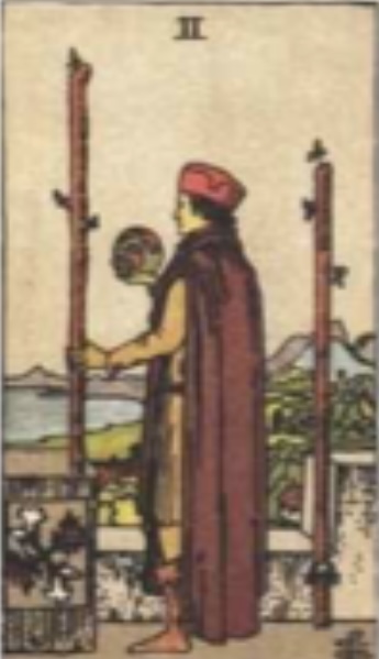 <p>2 of Wands- Reversed</p>