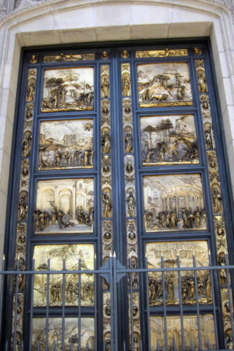 <p>Called the "Gates of Paradise" because Michelangelo said it was so beautiful it would do well at the gates of paradise. It's a gilded bronze relief. Only 10 panels instead of the planned 28 and quatrefoil was abandoned in favor of square panels due to time constraints.</p>