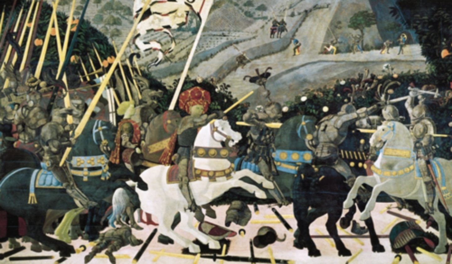 <p>∙ Secular side of Florentine Ren. Art</p><p>∙ Depicts famous battle of San Romano between Florence and Siena</p><p>∙ Bartolini-Salimbeni commissioned Uccello to paint this work for the three arches bedchamber, so the artist originally design the panels with curved tops</p><p>∙ Heirs of Lionardo's family eventually sold the works to Lorenzo de Medici to be displayed in his palace. Therefore, in order to fit into their new space, Uccello had to trim the works into perfect rectangles</p><p>∙ Artistic Significance:</p><p>- Large three-paneled work</p><p>- Inc. Late International Gothic &amp; early Renaissance painting techniques</p><p>- Realm of Quattrocento Florentine art in a rarer genre of this style called history painting</p><p>- Originally owned by Bartolini-Salimbeni family</p><p>- After purchase by Medici family artist was also instructed to integrate emblem, "mala medica" or orange leaves</p><p>- Combines realism &amp; artifice</p><p>- Vivid realism= setting of the battle in the rural hillside, between Florence and Lucca</p><p>- Historical accuracy= depicting the real-life setting of this gory and gruesome battle</p><p>- Artifice= imaginative interpretation by depicting each and every one of the horses without the protection of metal armor; central figures in ornate caps</p><p>- Mathematical grid to create one-point linear perspective, which outlines the vanishing point of the scene</p><p>- Manner in which he postions the equestrian soldiers, with waving banners and drawn lances, enhances this perspective</p>