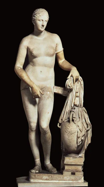 <p>-First monumental nude statue of a goddess -Gods lose their grandeur and become more human like, but stay very beautiful -Emphasis on sensuality -Put on display in the center of a room. -She has a band on her arm -This roman copy was damage and as usual, the original greek sculpture is lost.</p>
