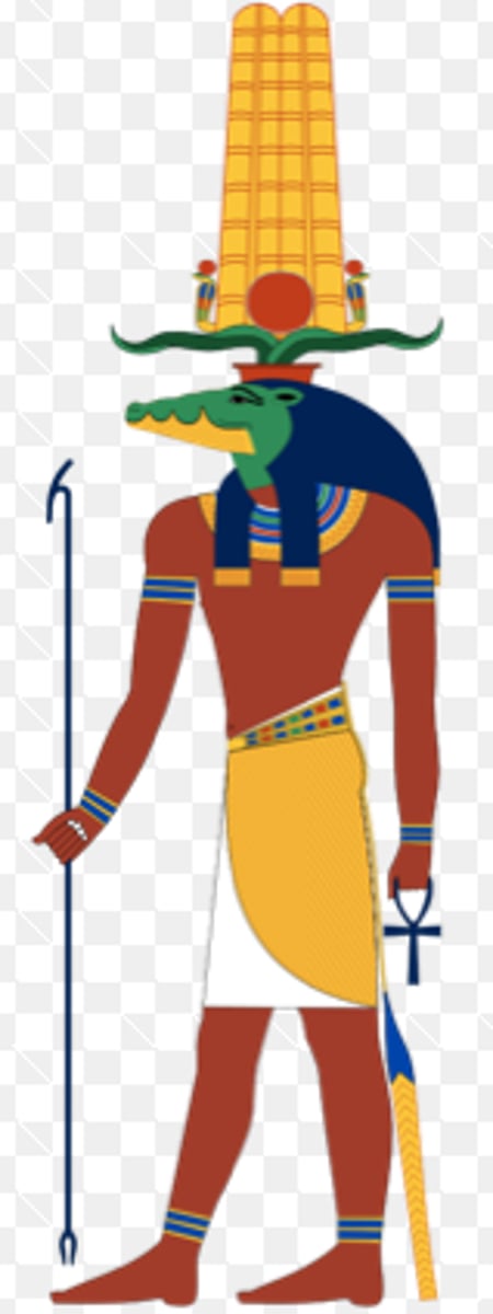 <p>crocodile god, god of the nile</p><p>-Sobek is an ancient Egyptian god associated with the Nile River, fertility, protection, and military prowess, often depicted as a man with the head of a crocodile or as a crocodile.</p><p>-He was revered as a powerful and ferocious deity, capable of both nurturing and destroying life, and he was worshipped as a protector of the pharaoh and the Egyptian people.</p><p>-Sobek was particularly venerated in the Faiyum region of Egypt, where he was believed to control the annual flooding of the Nile and ensure the fertility of the land.</p><p>-He was also associated with the military and was invoked as a patron of warriors and soldiers, symbolizing the strength and power of Egypt's military forces.</p>