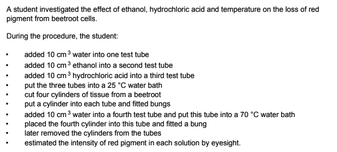 <p>give one way in which the student could ensure the first three beetroot cylinders were kept at 25<sup> o </sup>C throughout the experiment (1)</p>