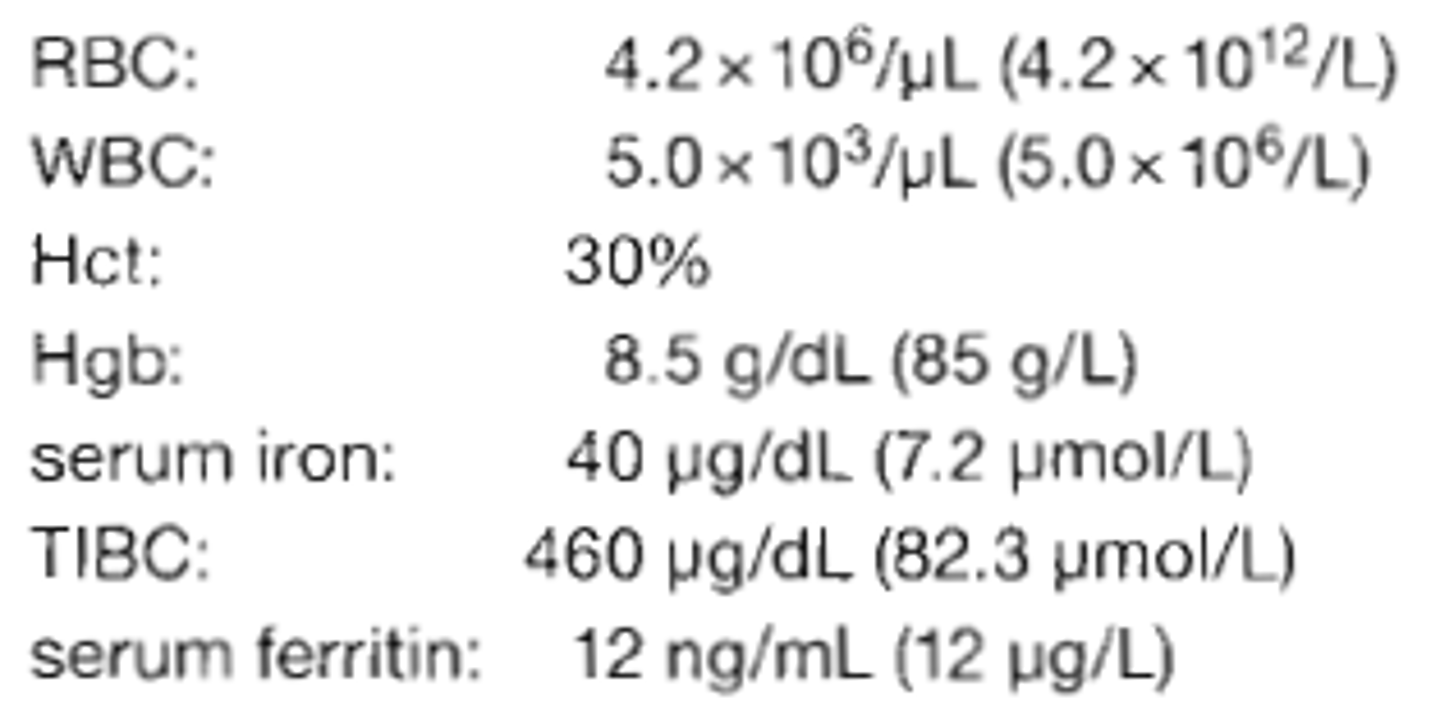<p>84. A 56-year-old man was admitted to the hospital for treatment of a bleeding ulcer. The following laboratory data were obtained:</p><p>-RBC: 4.2 x 10^6/uL (4.2 x 10^12/L)</p><p>-WBC: 5.0 x 10^3/uL (5.0 x 10^6/L)</p><p>-Hct: 30%</p><p>-Hgb: 8.5 g/dL (85 g/L)</p><p>-Serum iron: 40 μg/dL (7.2 μmol/L)</p><p>-TIBC: 460 μg/dL (82.3 μmol/L)</p><p>-Serum ferritin: 12 ng/mL (12 μg/L)</p><p>Examination of the bone marrow revealed the absence of iron stores. This data is most consistent with which of the following conditions?</p><p>A. iron deficiency anemia</p><p>B. anemia of chronic disease</p><p>C. hemochromatosis</p><p>D. acute blood loss</p>