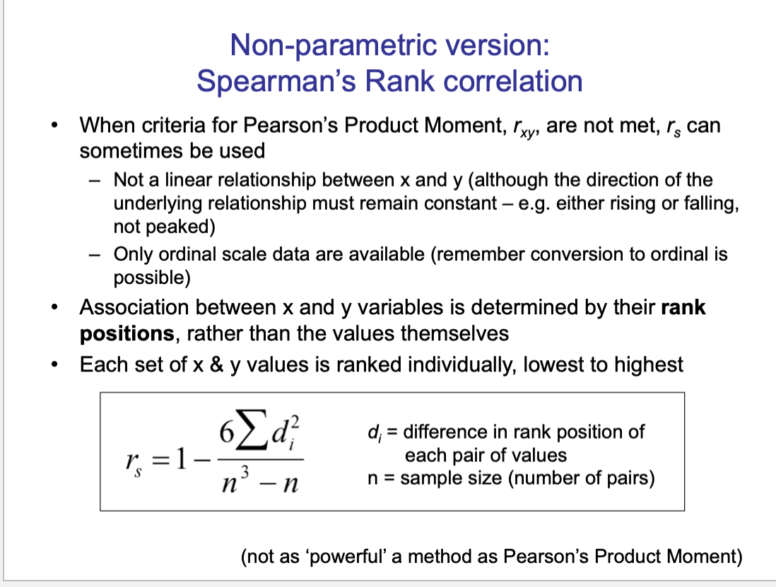 <p>non-linear relationships between 2 datasets</p><p>closer to 1 = stronger </p>