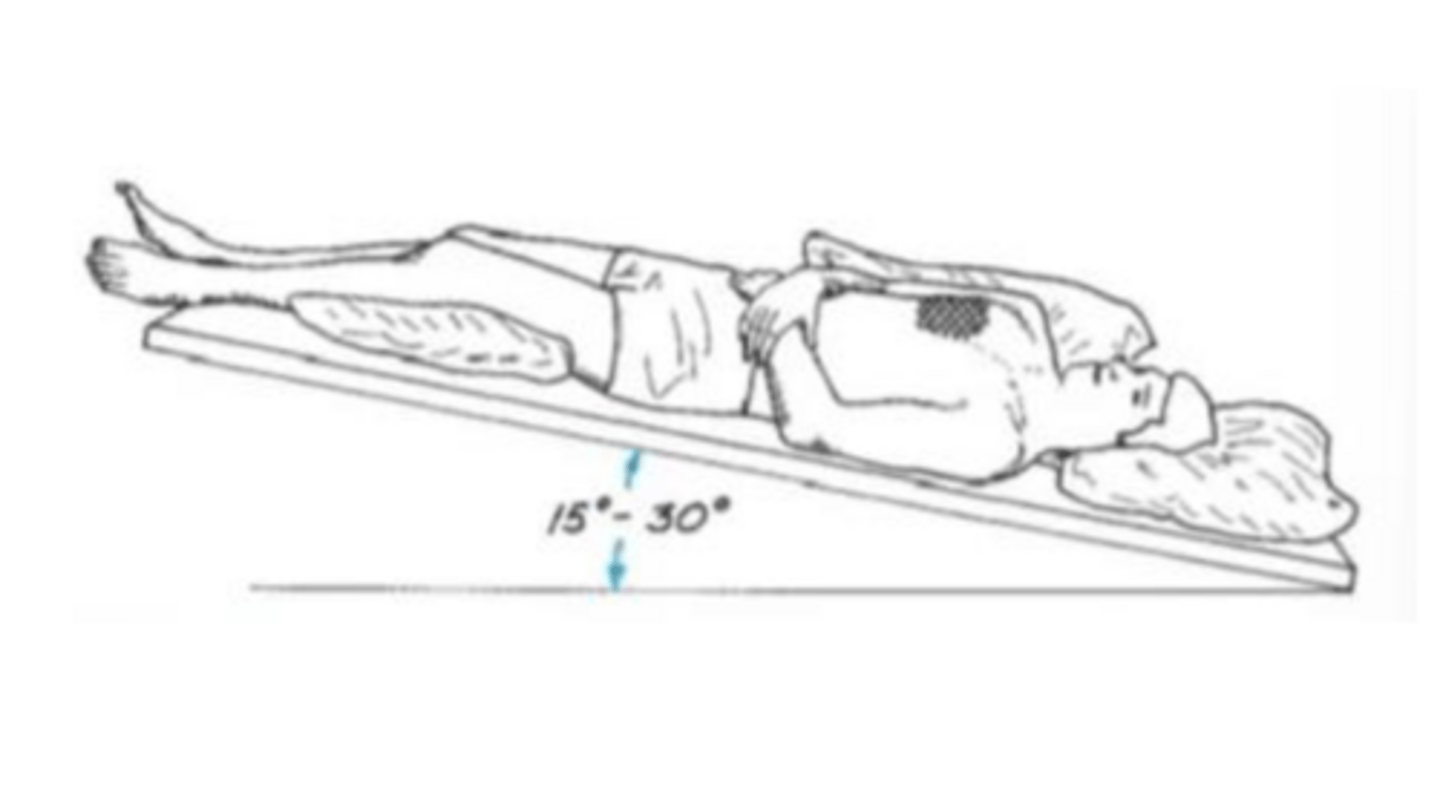 <p>patient lies one-quarter turn from supine on the left side, supported with pillows behind the back and in a 30 degree head-down position; percussion is applied just under the right breast</p>