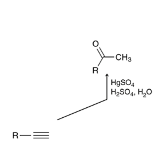 <p>alkyne reacts with the mercury of HgsO4, H2SO4 is the acid (h3o can also be used) and the h2o is the hydration</p>
