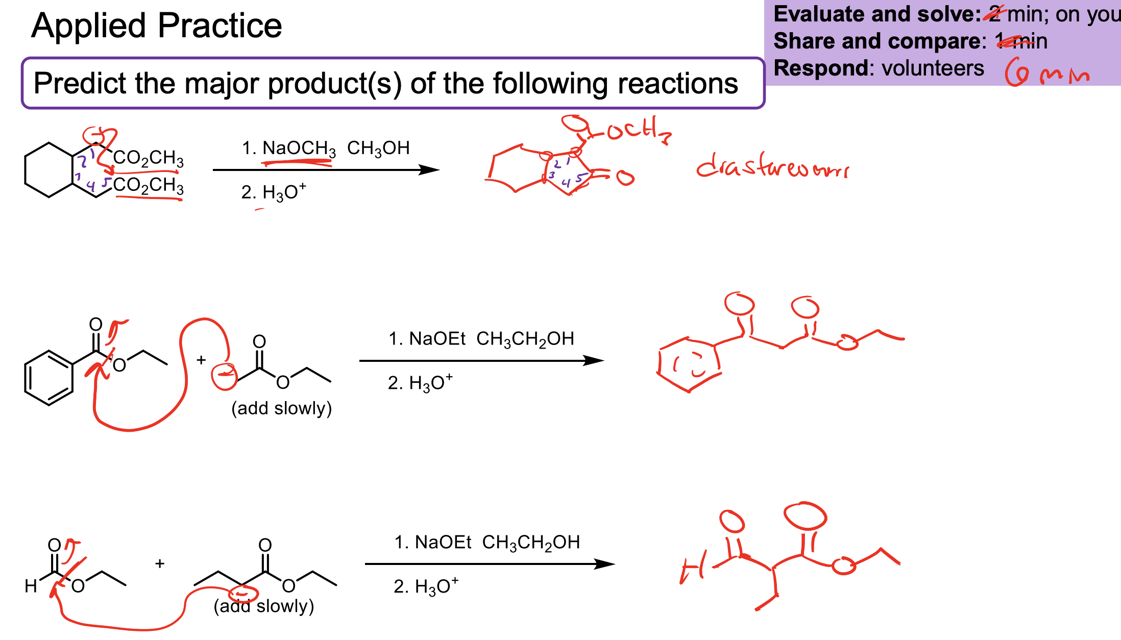 <p>Remember in the reaction we actually form the product then the       -OR that we push off deprotonates the very acidic middle alpha hydrogen forming an enolate, which we need the second step to reprotonate. </p>