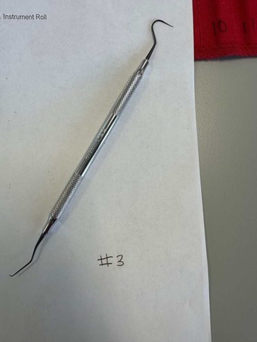 <p>Wire like working sharp point. Allows tactile sensitivity to distinguish areas of calculus or decay from discrepancies on the surface of tooth (examination instruments)</p>