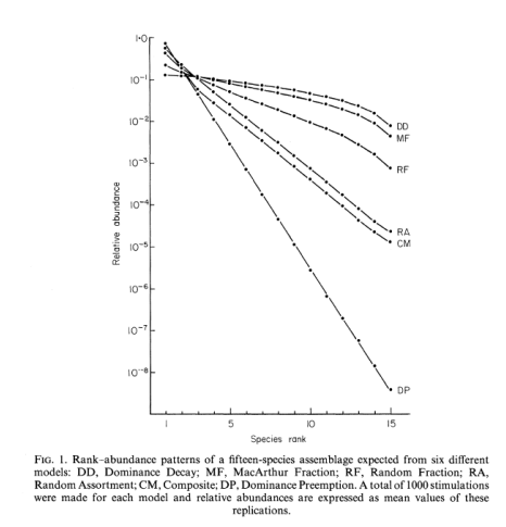 <ul><li><p>Each species arrives and takes up a constant proportion of the remaining resources</p></li><li><p>K=0.5 </p><ul><li><p>First ranked 50% of total abundance/biomass</p></li><li><p> Second ranked 50% of remaining 50% = 25%</p></li><li><p>Third ranked = 12.5% of total abundance </p></li></ul></li><li><p>Generates a ‘geometric series’ distribution</p></li><li><p>Characterized by a straight line (with slope k) on the rank-abundance diagram</p></li></ul><p></p><p>why 50%</p><p>→ no theoretical explanation for the fraction of resources species should take</p><p></p>