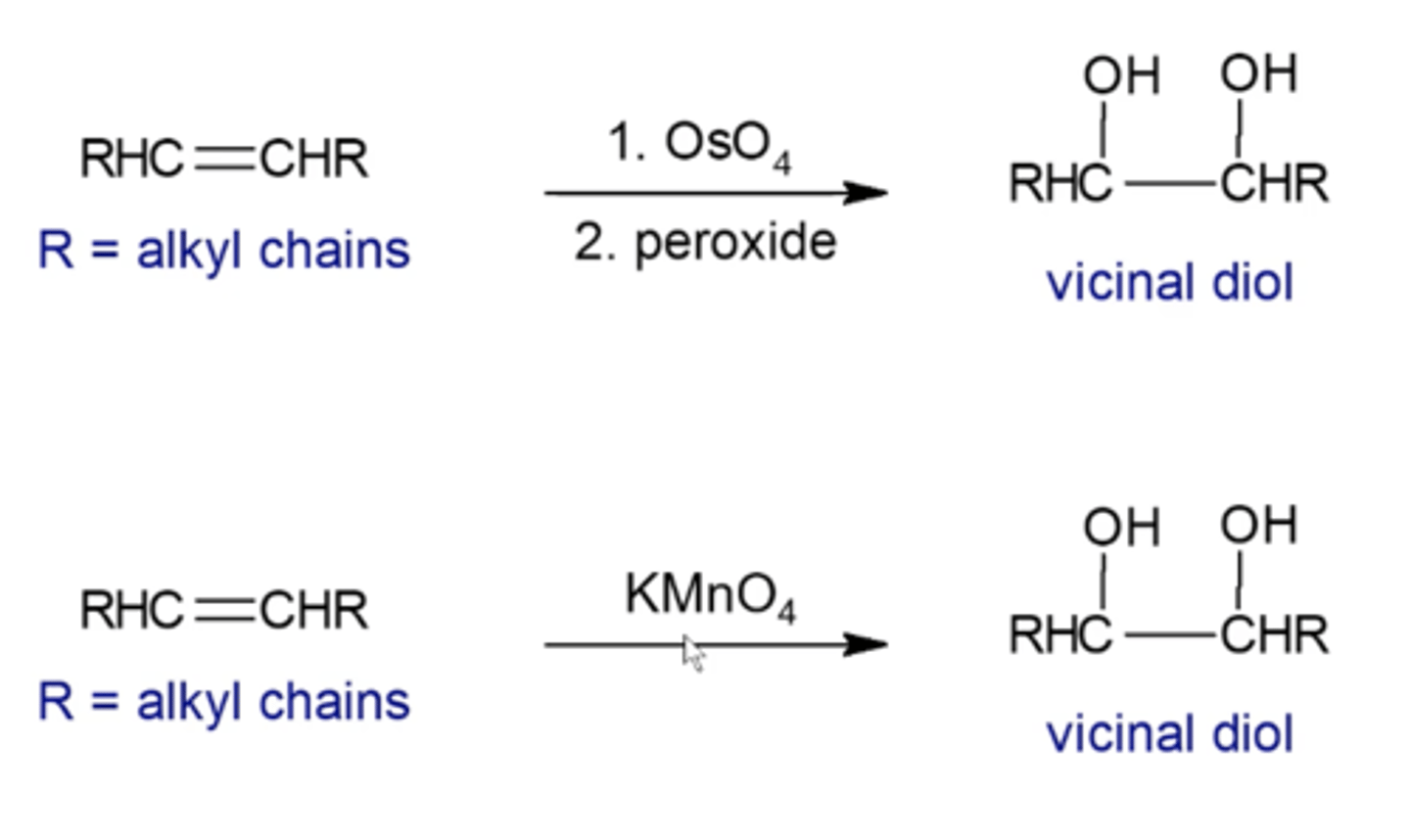 <p>it will do the same thing as OsO4 and peroxide (you'll convert an alkene into a vicinal diol)</p>