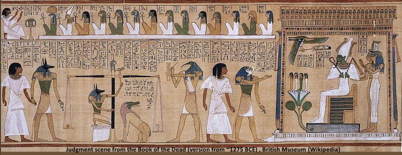 <p>Hierarchical scale/proportion: the size of the figure denotes its importance</p><p>Composite view: The head, arms, legs, and feet are depicted in profile, whereas the eyes and shoulders/torso are presented as seen from the front</p><p>Continuous Narrative: sequential scenes are shown within the same image</p><p>ex. Judgment scene from the Book of the Dead (version from 1275 BCE), British museum</p><ul><li><p>figures are “flat” and face to the side of the work</p></li></ul><p>Color palette (limited): red, green, blue, yellow, white, black; each has own symbolism ex. black means death &amp; resurrection</p><p></p>