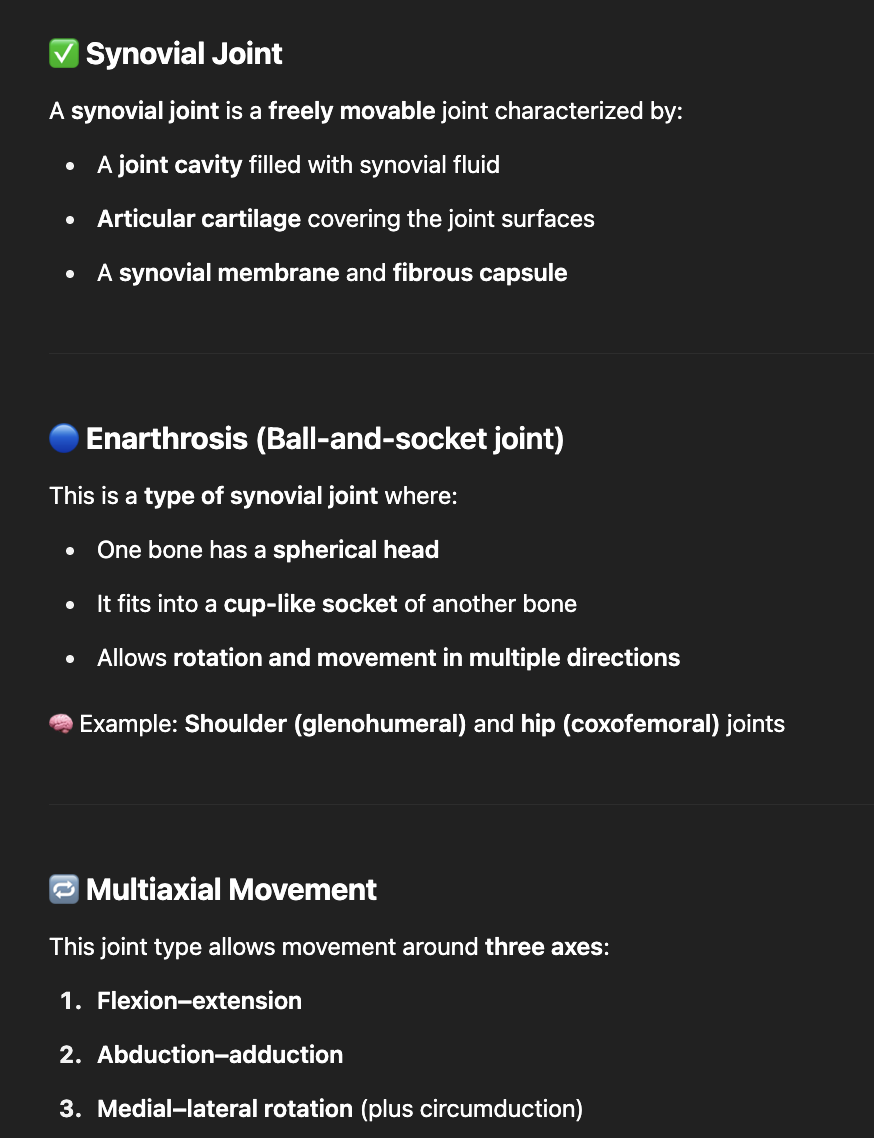 <ul><li><p>Synovial</p></li><li><p>Enarthrosis (ball and socket). 2/3 of the ball fitted in the acetabulum</p></li><li><p>Multiaxial</p></li></ul><p></p>