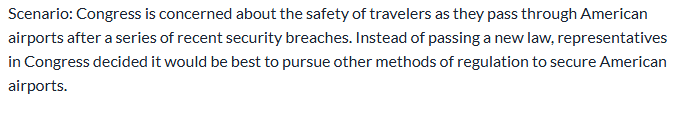 <p>If Congress wanted to gather more information on the situation outlined above, how could an agency like the Transportation Safety Administration (TSA) most likely assist Congress in this process?</p>