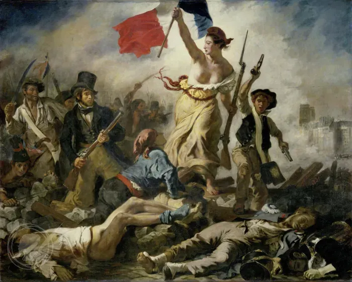 <ul><li><p><strong>ID:</strong> Eugène Delacroix, 1830 CE, Oil on canvas, France</p></li><li><p><strong>Content:</strong> A personified Liberty leads revolutionaries over the bodies of fallen soldiers.</p></li><li><p><strong>Function:</strong> Celebrates revolution and national identity.</p></li><li><p><strong>Context:</strong> Depicts the July Revolution of 1830, symbolizing freedom and resistance.</p></li><li><p><strong>Form:</strong> Loose brushstrokes, dynamic composition, intense lighting contrasts.</p></li></ul><p></p>