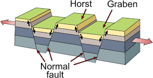 <ul><li><p>Tensional differential stress (extension) that produces normal faults&nbsp;</p><ul><li><p>crust is pulled apart →blocks of rocks drop down between two parallel normal faults → rift valley structure&nbsp;</p></li></ul></li></ul><p></p>
