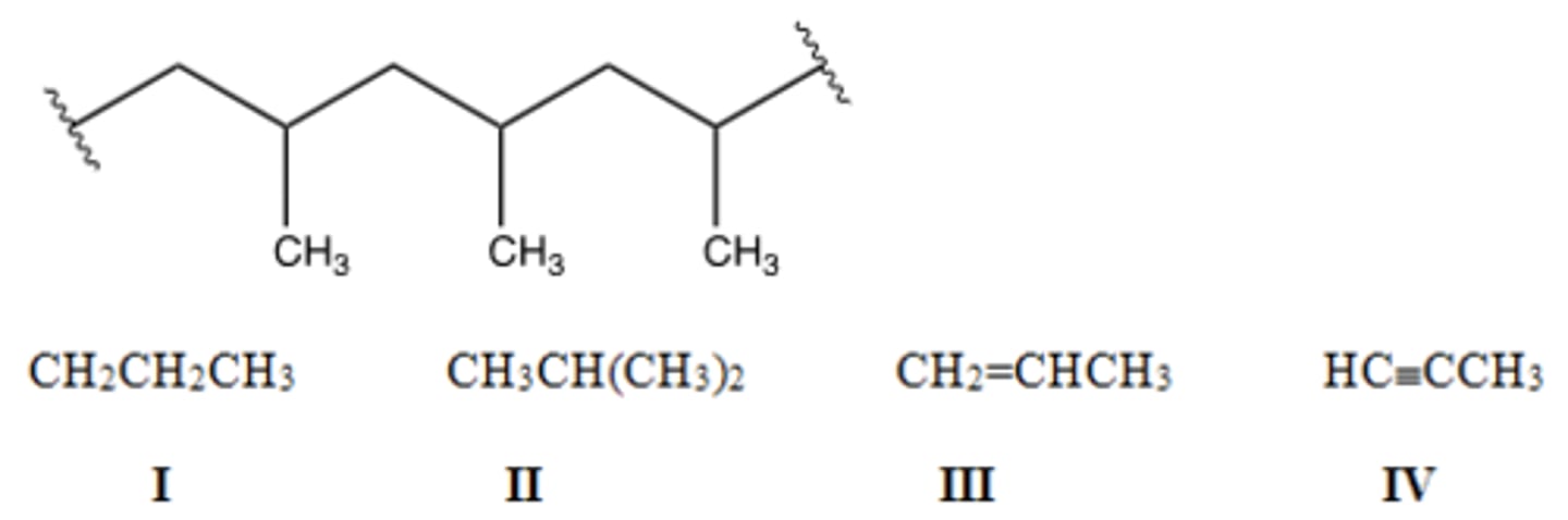 <p>Identify the monomer used to make the following polymer.</p><p>A) I B) II C) III D) IV</p>