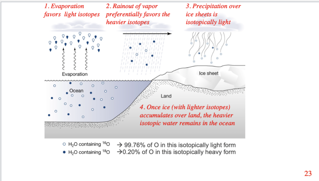 <p><span>Understand how oxygen isotope measurements from foraminifera in deep ocean sediments tell us about past glaciations – in particular, understand why the ocean is relatively ‘heavier’ isotopically when there is ice on land</span></p>