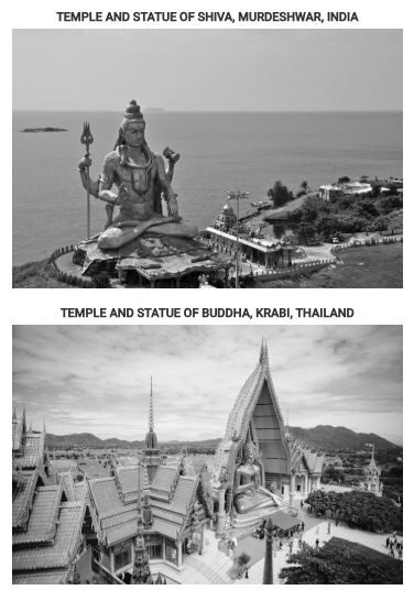 <p><span><span>Comparing both photographs, each image shows the significance of temples, religious statuary, and iconography on the</span></span></p>
