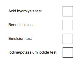 <p>Which box identifies the test which would be used to show the presence of starch.</p>