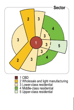 <p>Based on improving the Concentric Zone Model. Uses sectors and wages to determine land use pattern</p><ul><li><p>Sectors develop a long transportation routes</p></li><li><p>Low income housing surrounds industry and transportation routes</p></li><li><p>Middle and high income housing developed further from CBD and industry (pollution)</p></li></ul>