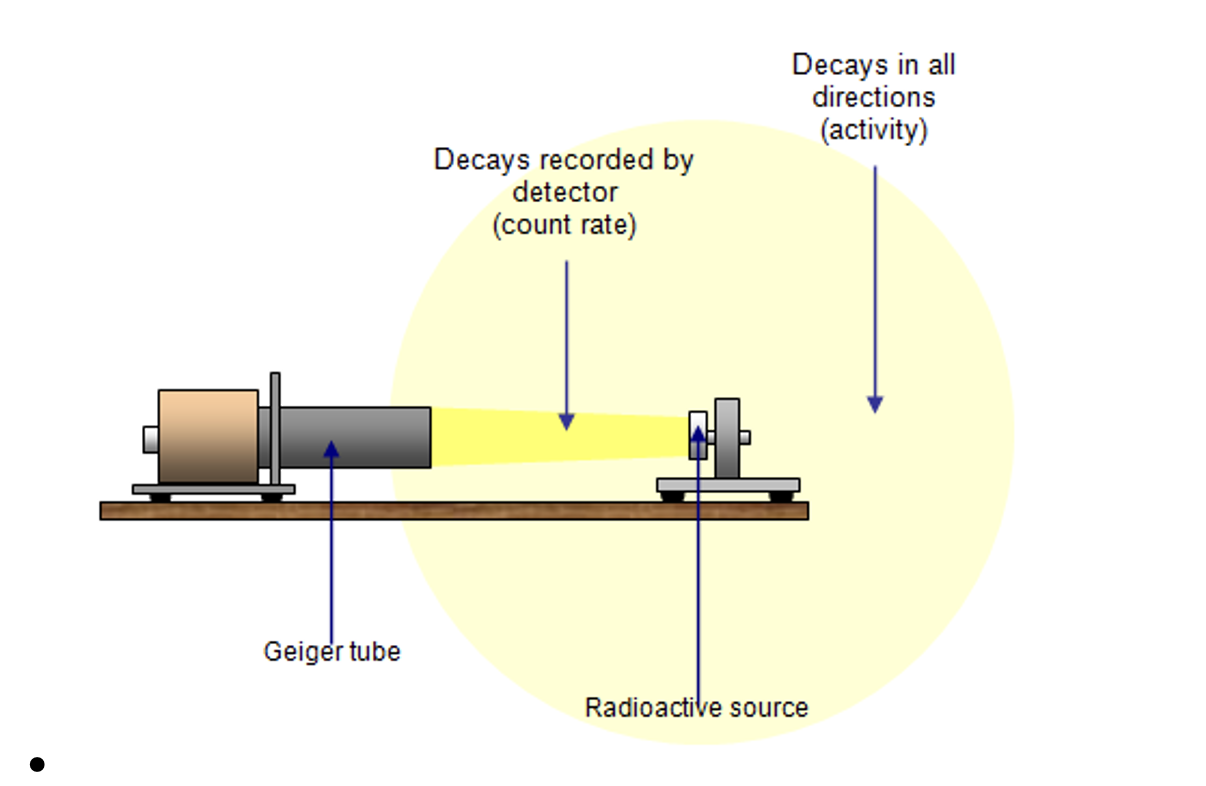 <ul><li><p>Count rate is the number of decays per second detected by a GM tube, activity is the rate of deays in <strong>all directions</strong>.</p></li></ul><p></p>