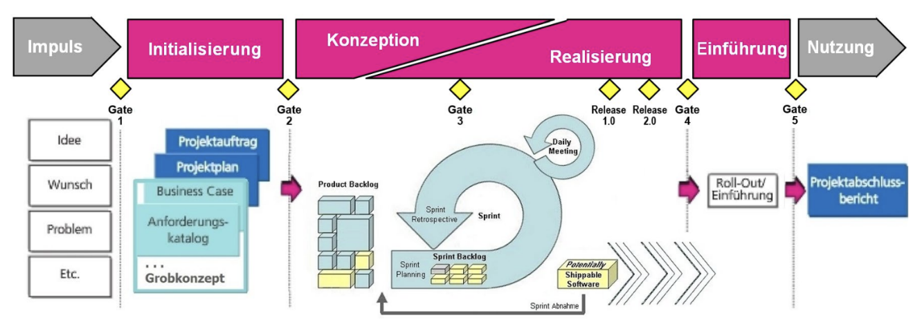 <p>Projektleiter, Product Owner, Scrum Master, Scrum Team.</p>