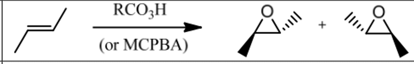 <p>Reagents: 1. RCO₃H (or MCPBA)</p><p>What's Added: OH &amp; OH</p><p>Regioselectivity: -</p><p>Sterioselectivity: Anti Addition</p><p>Intermediate: Epoxide</p>