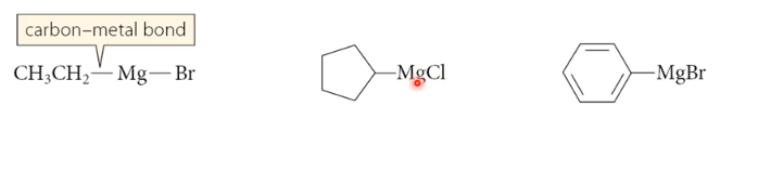 <p>contain a carbon bonded to a metal (C - M) </p><p>most common:</p><ul><li><p>R - Mg - X</p><ul><li><p><strong>Grignard reagents</strong></p></li></ul></li><li><p>R - Li</p><ul><li><p><strong>Organolithium reagent</strong></p></li></ul></li></ul><p>formed most often from <strong>alkyl and aryl halides</strong></p><p></p>