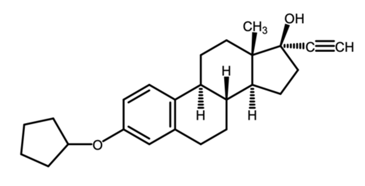 <p>(estrogenic)</p><p>ROA: oral </p><p>- once weekly dosing</p><p>indication: oral contraceptive in combo formulation</p><p>ADME: prodrug that gets dealkylated in vivo</p>