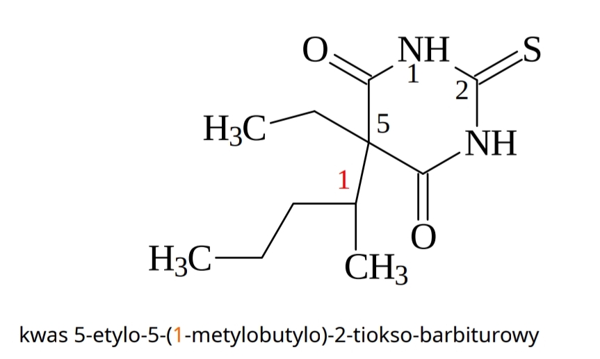 <p>środek znieczulający do krótkich zabiegów chirurgicznych,</p><p class="has-focus">nasila działanie GABA w receptorze GABA-A</p><p class="has-focus is-empty">zwiększa czas otwarcia kanałów chlorkowych (Cl⁻)</p><p class="has-focus is-empty">Skutek:</p><p class="has-focus is-empty">hiperpolaryzacja neuronów, hamowanie czynności ośrodkowego układu nerwowego</p>