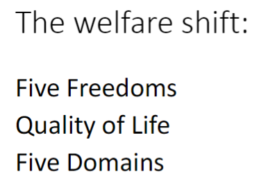 <p><strong>Five Freedoms</strong><br>āāFocus on avoiding <strong>suffering</strong> and negative <strong>states</strong></p><p><strong>Quality of Life</strong><br>āāBalance of <strong>positive</strong> and <strong>negative experiences</strong>, emphasizes a <strong>good life</strong></p><p><strong>Five Domains</strong><br>āāFramework for assessing <strong>welfare</strong>, includes physical and <strong>mental/affective</strong> aspects</p>