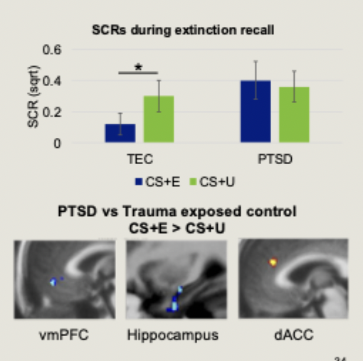 <ul><li><p>no group differences in fear acquisition or extinction learning. PTSD patients can extinguish fear</p></li><li><p>24 hours later, PTSD patients were unable to retain memory for extinction</p></li><li><p>This was associated with reduced <strong>vmPFC</strong> and <strong>hippocampal</strong> activity during extinction recall</p></li><li><p>a failure to retain extinction memories could underpin PTSD development and maintenance</p></li></ul><p></p>