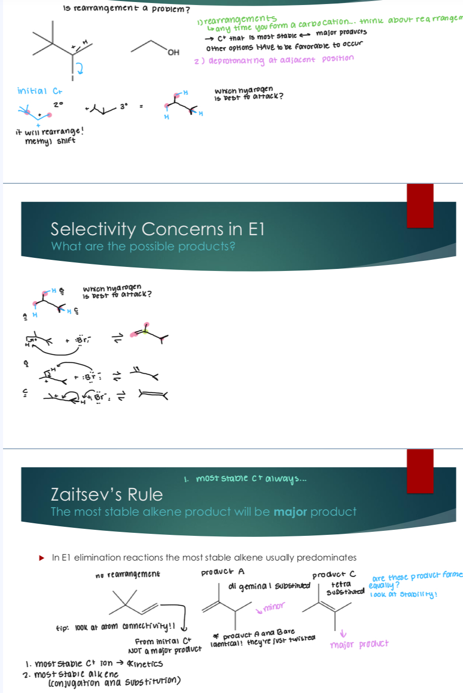 <ol><li><p>Rearrangements </p></li></ol><p>Any time you form a carbocation.. Think about rearrangements.&nbsp;</p><p>→ C+ that is most stable (major products)&nbsp; other options HAVE to be favorable to occur.&nbsp;</p><ol start="2"><li><p>Deprotonating at the adjacent position (which hydrogen do you pull and which double bond do you make).&nbsp;</p></li></ol><p></p><p><strong><u>Zaitsev’s Rule</u></strong></p><p>The most stable alkene product will be major product</p><p>In E1 elimination reactions the most stable alkene usually predominates</p><ol><li><p>most stable C+ atom → kinetics </p></li><li><p>Most stable alkene (conjugation and substitution) </p></li></ol><p></p><p><strong>Tip: when looking at shifts, look at atom connectivity!!</strong></p>