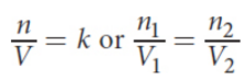 <p>all gases at a constant temperature and pressure occupy volumes that are directly proportional to the number of moles of gas present</p><p>one mole of any gas, irrespective of its chemical identity, will occupy 22.4 liters at STP</p><p>where k is a constant, n1 and n2 are the number of moles of gas 1 and gas 2, respectively, and V1 and V2 are the volumes of the gases, respectively</p>