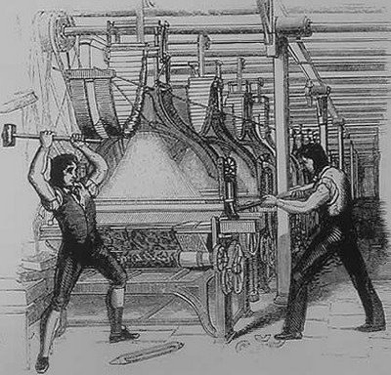 <p>An organization of English textile workers in the 19th century who formed a radical faction which destroyed textile machinery in factories to protest being put out of work by the factories which could sell products for less money</p>