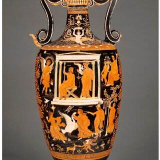 <p>____ Greek vases become crowded, excessive, two-tiered and polychromatic (decorated in several colors). In the building on the upper tier, Zeus, with his scepter, sits on the left.</p>